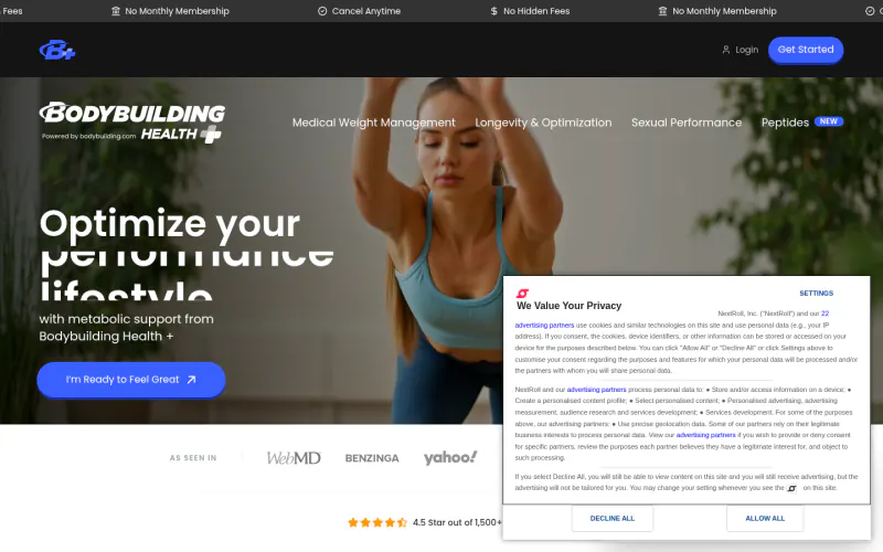 Bodybuilding.com Health+ home page screenshot