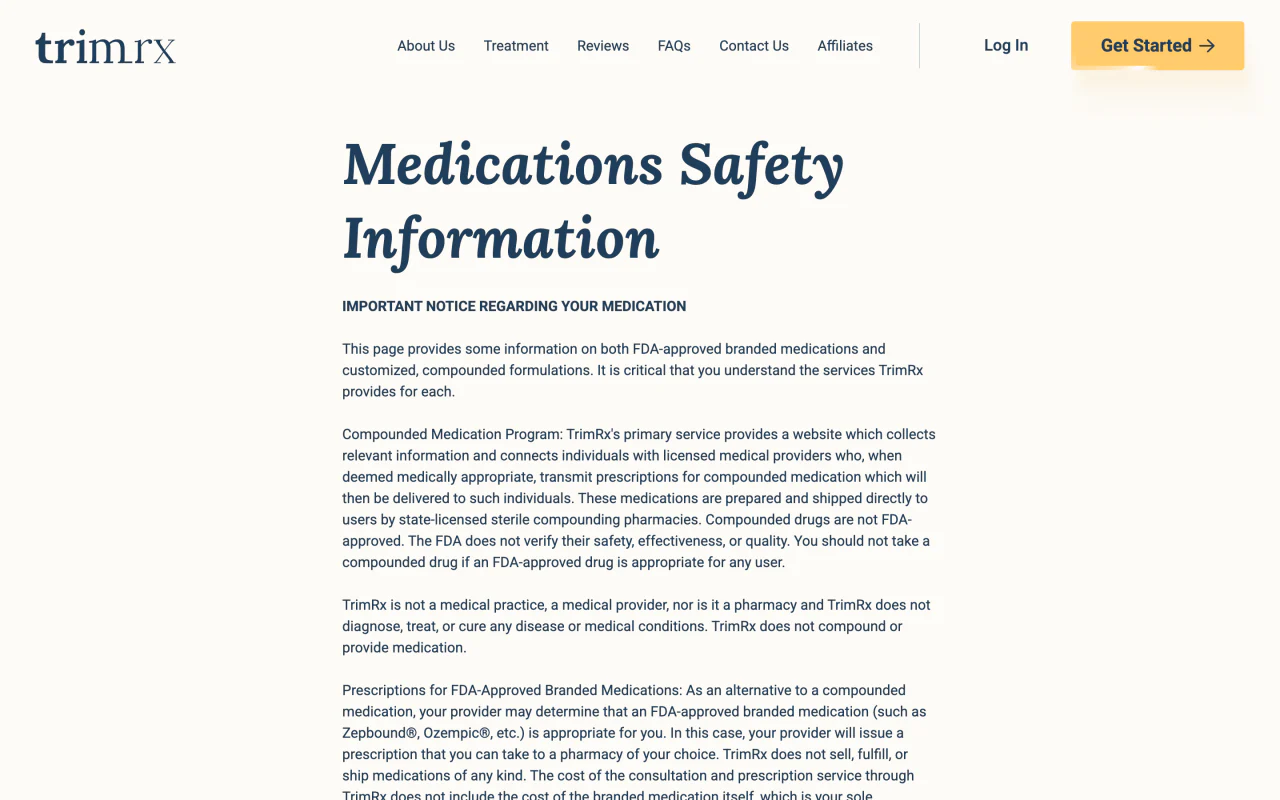 TrimRx safety information screenshot