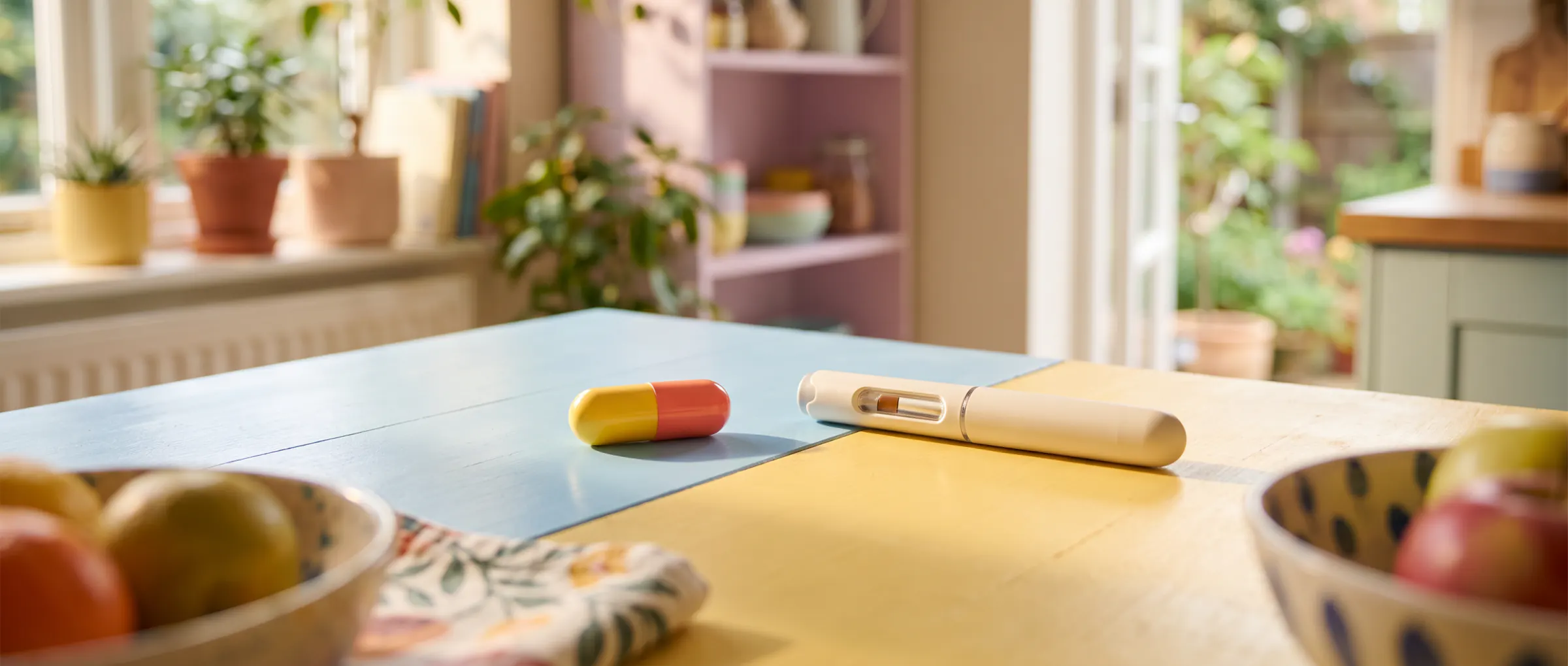 A two-tone capsule and an injection pen apart on a two-color table